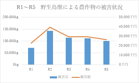 「農作物被害量及び金額における過去との推移」の画像